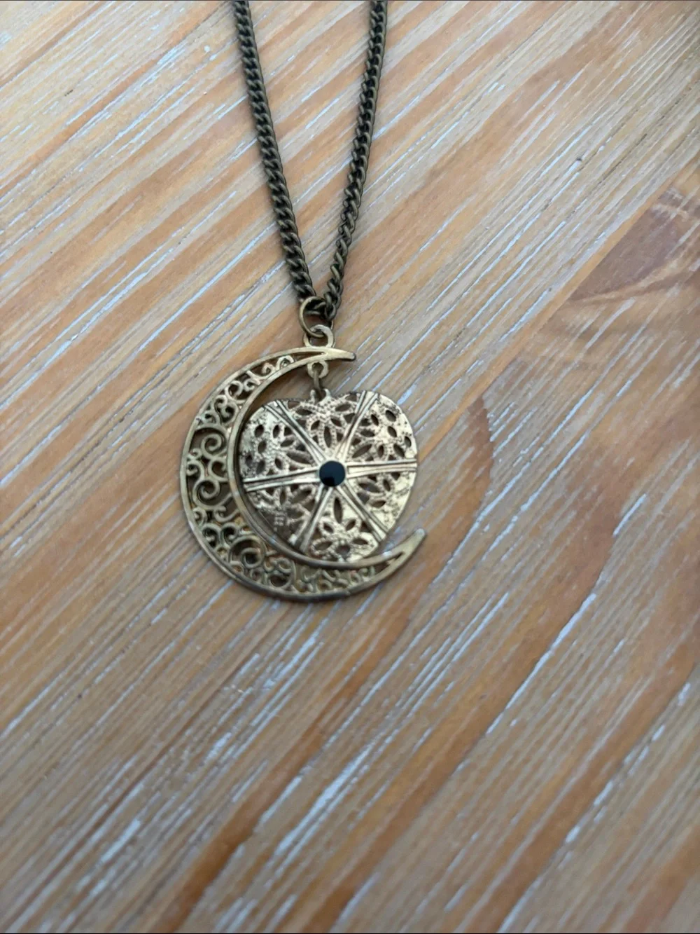 Gold Crescent Moon Filigree Heart Pendant Necklace